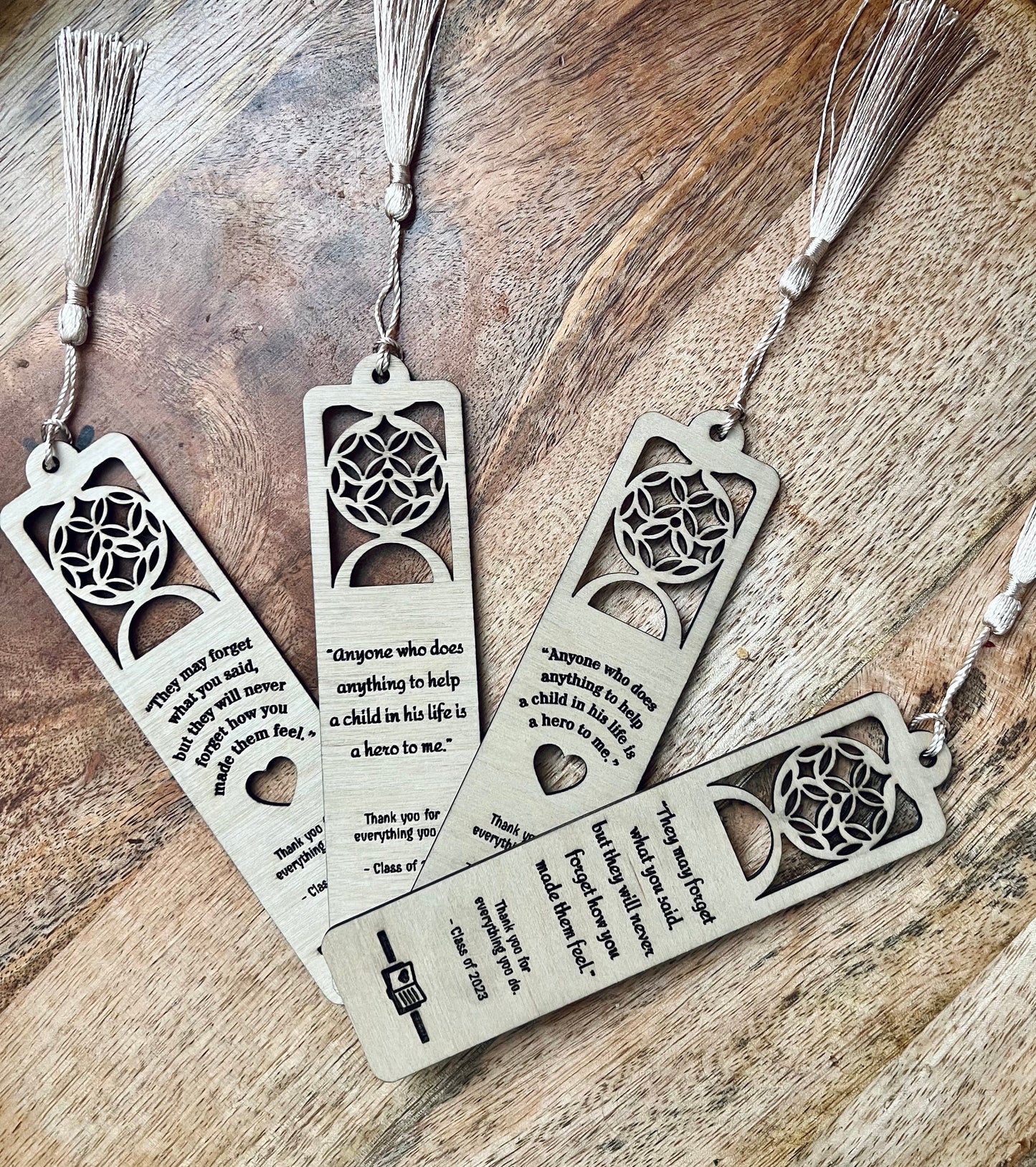 Teacher appreciation Gift Set - Engraved Cut-out Bookmark with a beautiful tassel and Keyrings