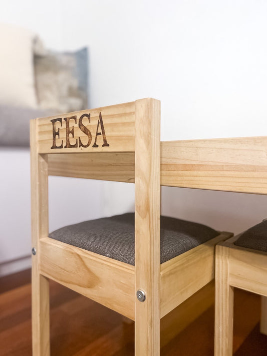 Personalised HAND ENGRAVED and UPHOLSTERED Kids Wood Table and wooden chairs