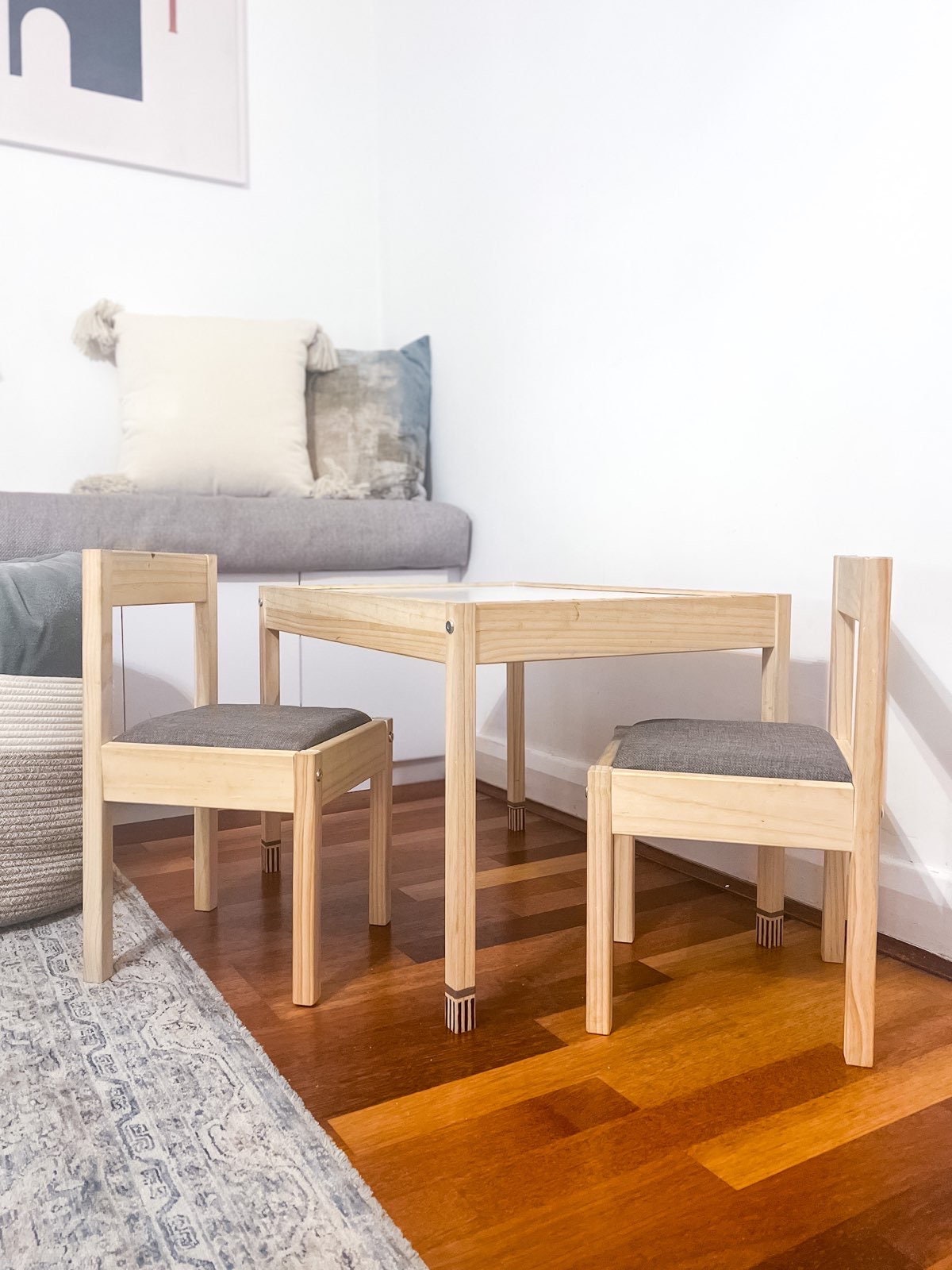 Personalised HAND ENGRAVED and UPHOLSTERED Kids Wood Table and wooden chairs