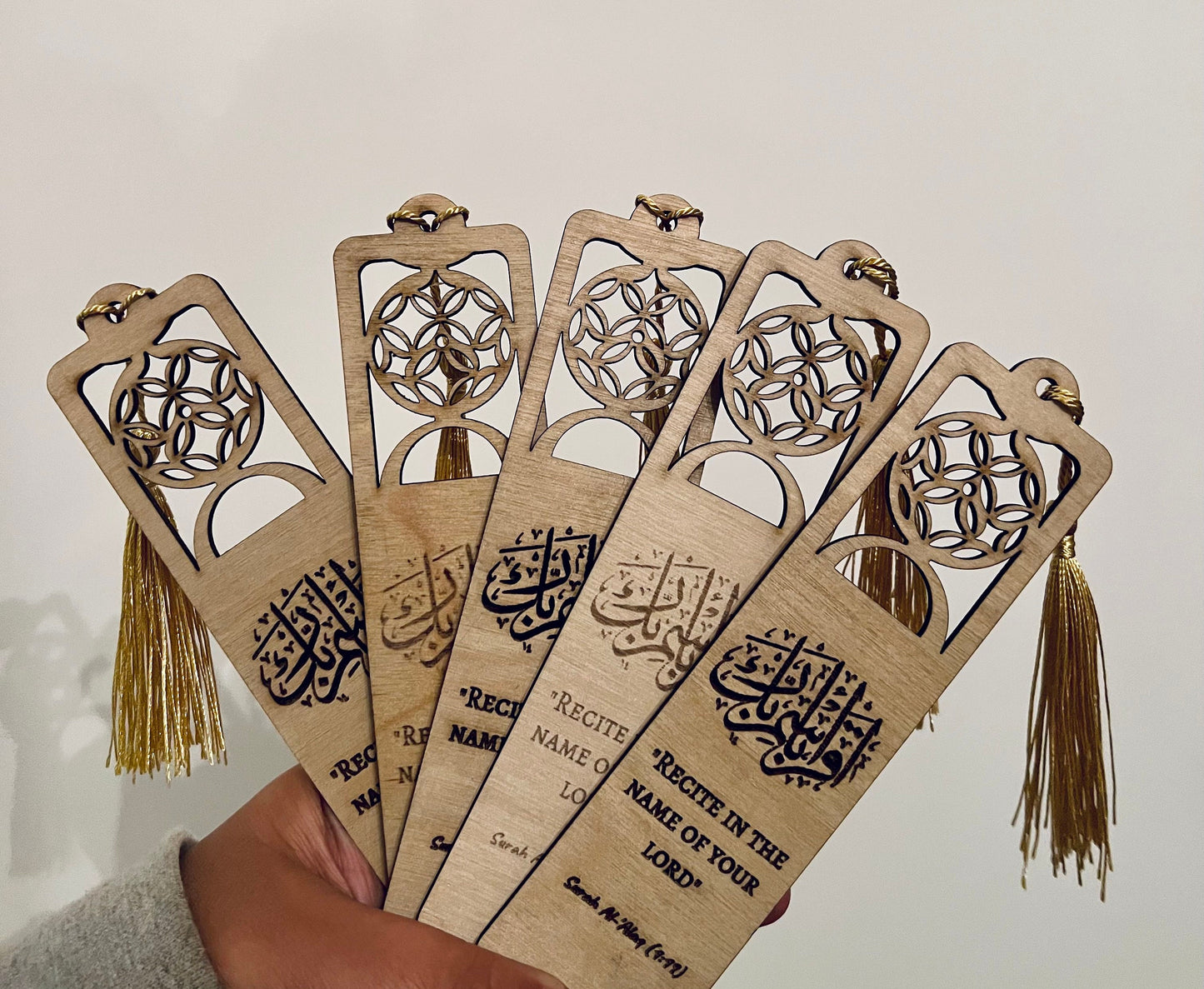 Arabic Engraved Cut-out Bookmark (Surah Al-Alaq) with a Gold tassel