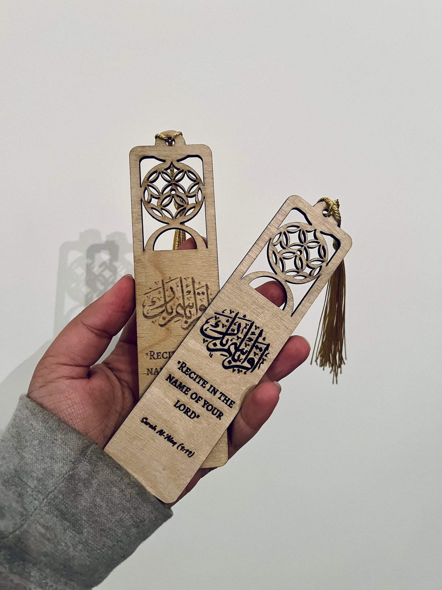 Arabic Engraved Cut-out Bookmark (Surah Al-Alaq) with a Gold tassel