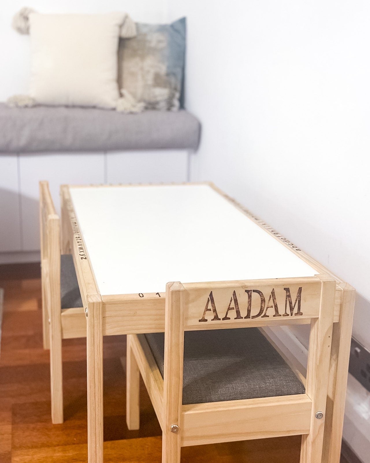 Personalised HAND ENGRAVED and UPHOLSTERED Kids Wood Table and wooden chairs