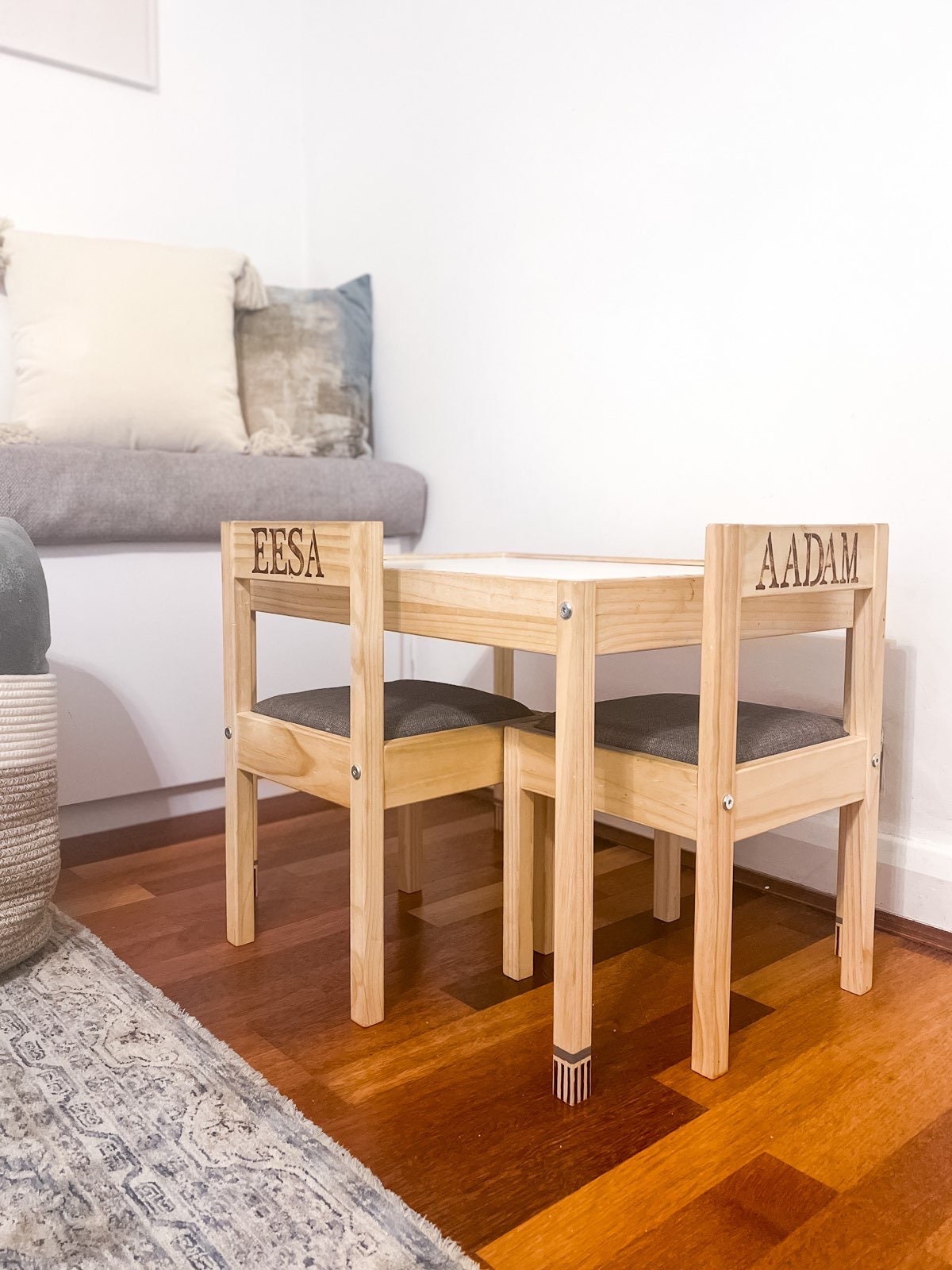 Personalised HAND ENGRAVED and UPHOLSTERED Kids Wood Table and wooden chairs