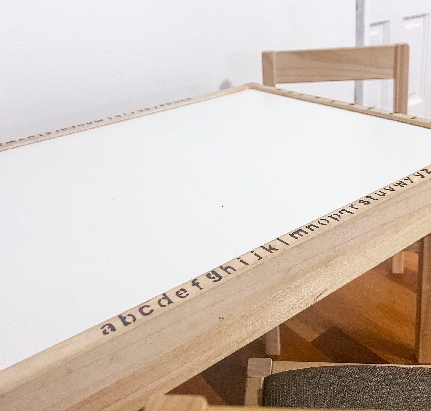 Personalised HAND ENGRAVED and UPHOLSTERED Kids Wood Table and wooden chairs